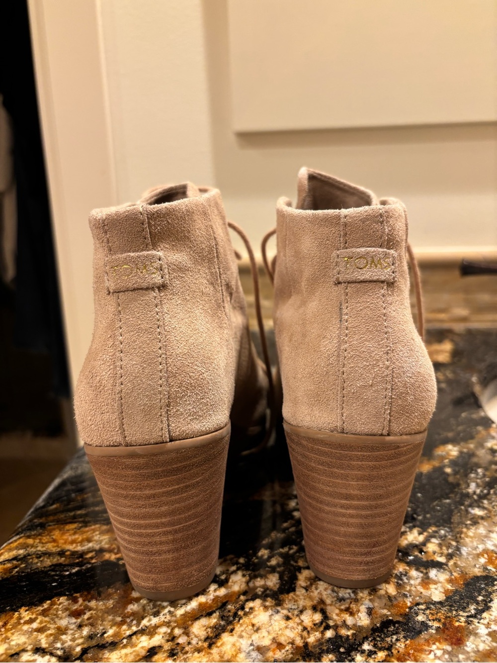 TOMS Suede Lace-Up Ankle Booties in Taupe